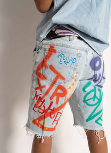 "ONE LOVE" 1 OF 1 DENIM SHORTS