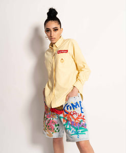 "CRIME PAYS" 1 OF 1 DENIM SHORTS
