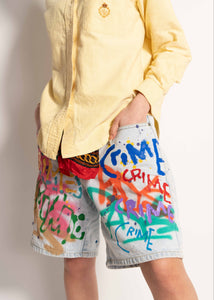 "CRIME PAYS" 1 OF 1 DENIM SHORTS