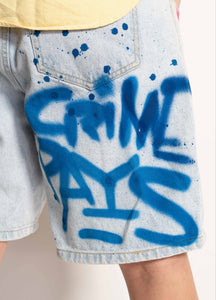 "CRIME PAYS" 1 OF 1 DENIM SHORTS