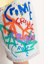 Load image into Gallery viewer, &quot;CRIME PAYS&quot; 1 OF 1 DENIM SHORTS