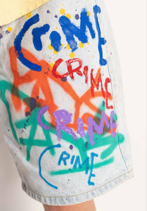 "CRIME PAYS" 1 OF 1 DENIM SHORTS